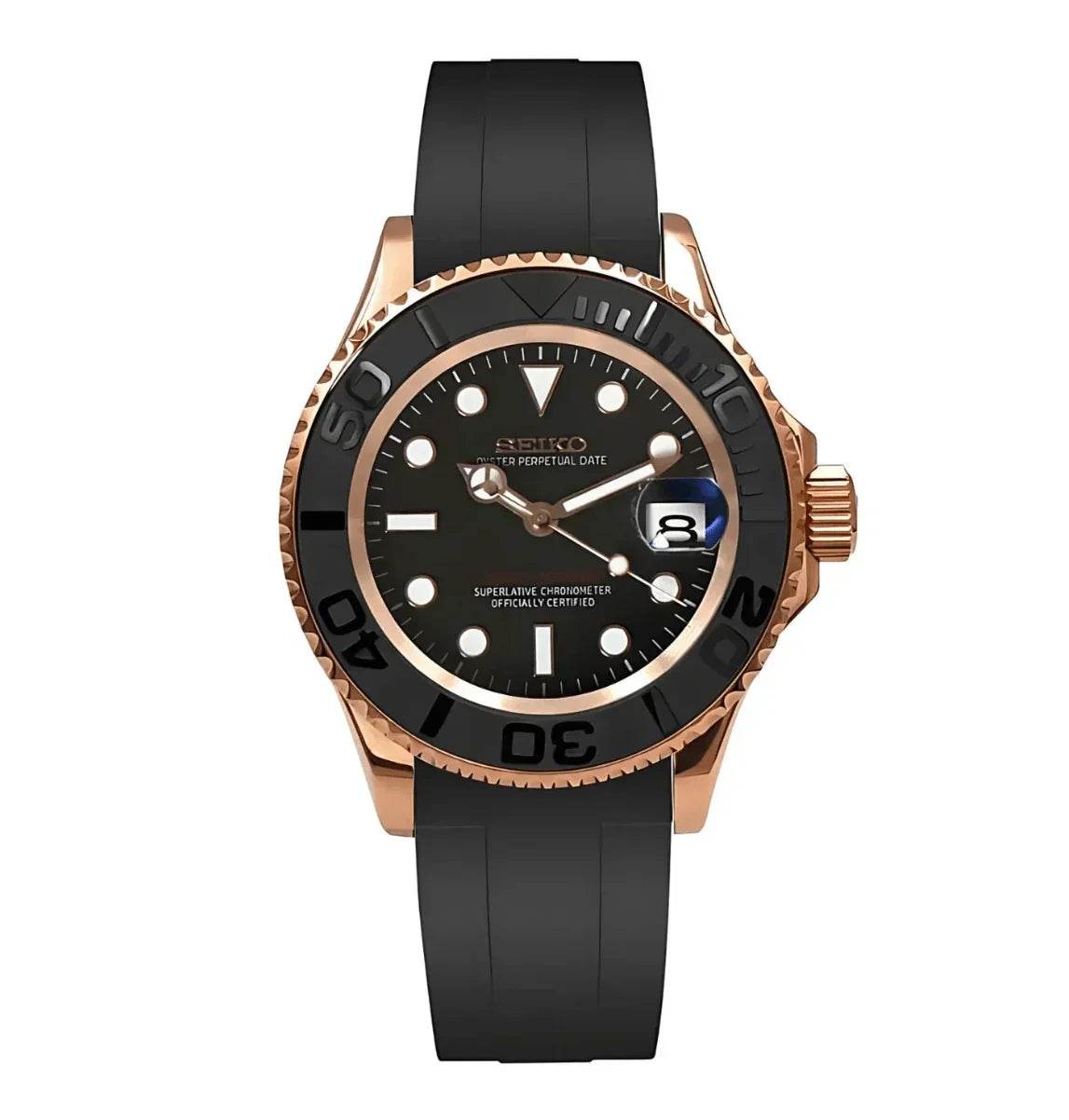 Yachtmaster Mod Rose Gold W/Black Rubber - Marcelias